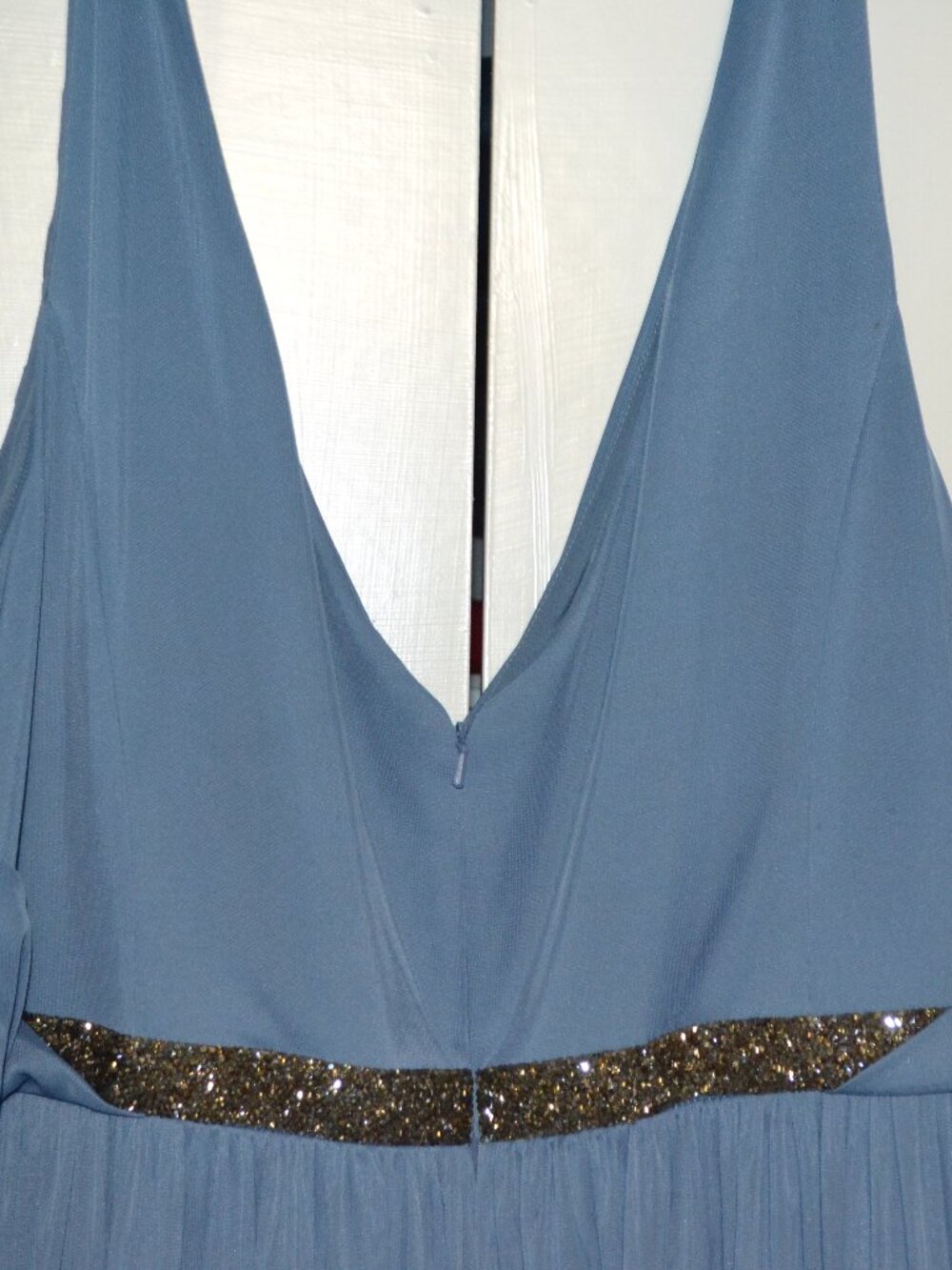 David’s Bridal Sky Blue Pleated Formal Gown Rhinestone Accent Dress - Picture 3 of 6